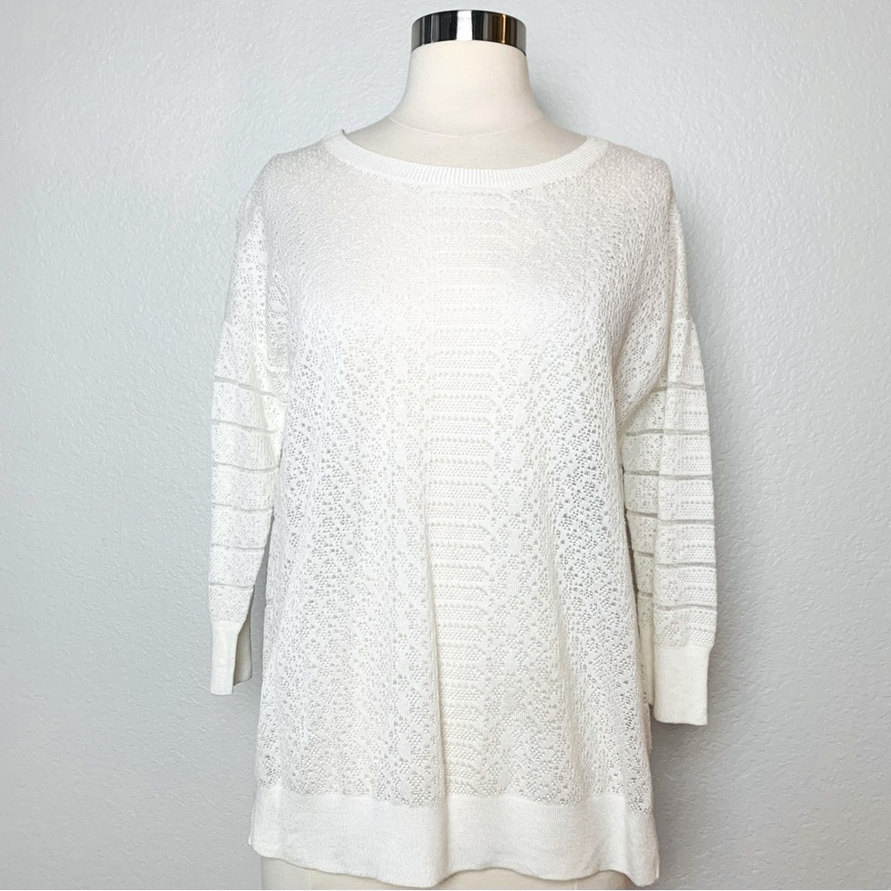 Karen Millen Top Womens Size 2/S White Open Knit Pullover 3/4 Sleeves Shirttail